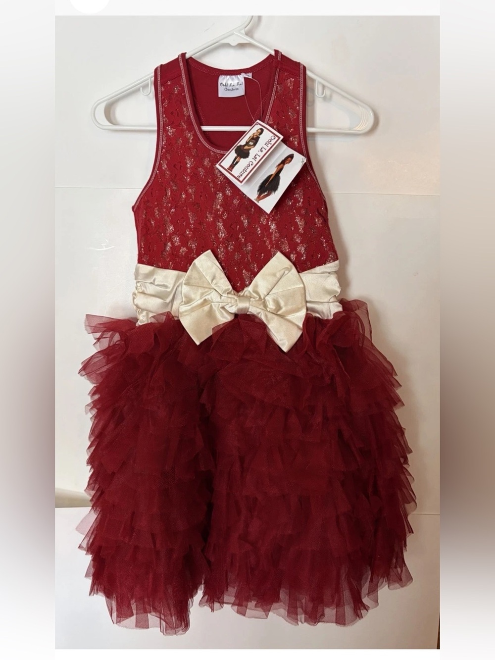 Ooh La La Couture girls, red lace tutu dress white bow holiday pageant size 14
